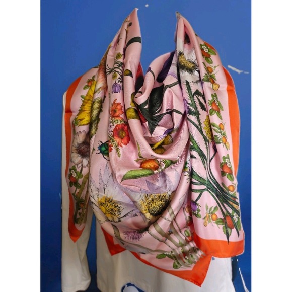 estancia clothing Accessories - Texas wildflower Silk scarf, bluebonnet Bug Botanical Pink orange Souvenir Large